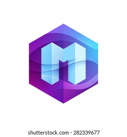 M letter mist or waves hexagon volume logo, vector design template elements