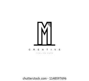 M Letter Monogram Line Dots Shadow Logotype