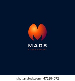 M letter. M monogram. Mars planet emblem.