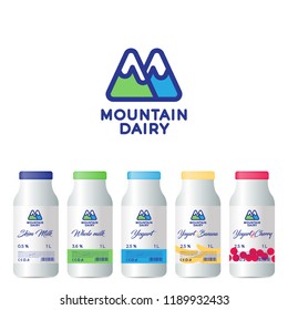 M letter. M monogram. Mountain Dairy Products logo. Letter M is like mountains, snow peaks and green and blue mount. Packaging design.