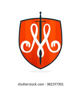 M letter on the sword and shield. Font style, vector design template elements for your application or corporate identity.