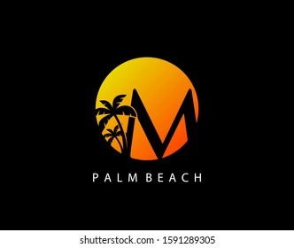 M Letter Palm Tree and Sun Set Logo Icon. Perfect for surfing shop, sport, Tour and Travel. Initial M with sunset and palm tree.