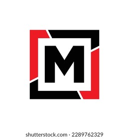 
M letra con monograma de marco negro rojo. Icono de la compañía M.