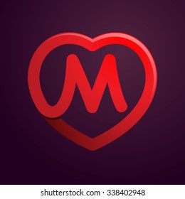 M letter with red heart. Vector design template elements for your application or corporate identity.