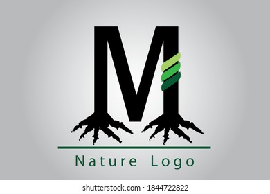 M Letter with root and leaves. Logo Design with Green Leaves on a Branch. Nature concept symbol. Eco and Organic Letter Vector Illustration.
