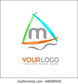 M Letter and sail boat logo vector.