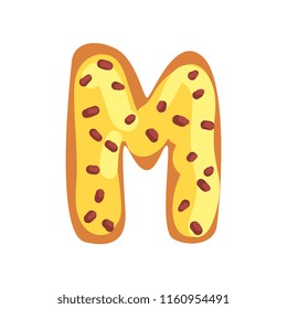 M letter in the shape of sweet glazed cookie, bakery edible font of English alphabet vector Illustration on a white background