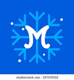 M letter with snowflake icon on the blue background. Design template elements for your application or corporate identity.