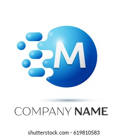 M Letter splash logo. Blue dots and circle bubble letter design on grey background. Vector Illustration