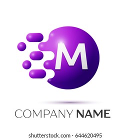 M Letter splash logo. Purple dots and circle bubble letter design on grey background. Vector Illustration