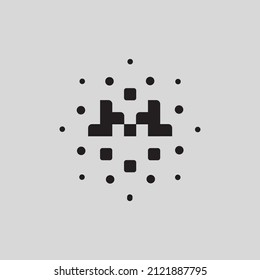 Letra M con ilustración de icono de tecnología de bits cuadrados y punto