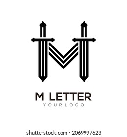 M letter with sword logo initials abstract