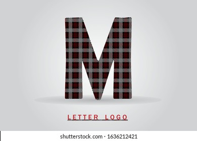 M letter with tartan pattern vector illustration. Textile fabric letter for logo, label, card, print, brochure, flyer, textile business title, sewing concept, clothing store or web page design.