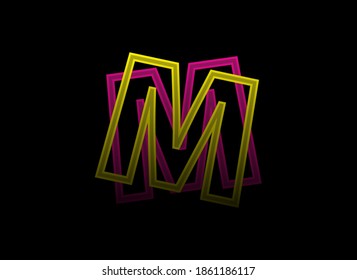 M letter vector design, shadow font logo. Dynamic split pink, yellow color on black background. For social media,design elements, creative poster, web template    

