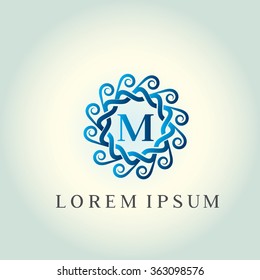 M letter vector logo template (sign, symbol, emblem, ornament). Tracery logo. Wave ornament dynamic logo.