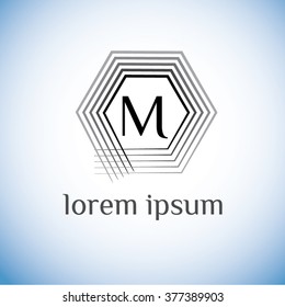 M letter vector logo template (sign, symbol, emblem, ornament). Hexagram linear vector frame.