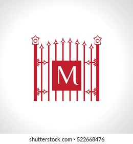 M letter vintage fence vector logo design template. Vintage Luxury Gate Logo