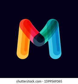 M letter vivid logo with overlapping lines on black background. Vector typeface for vibrant identity, nightlife, techno sphere.