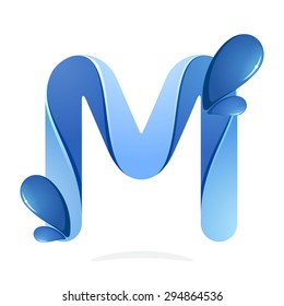 M letter with water waves and blue drops. Vector design template elements for your ecology application or company branding