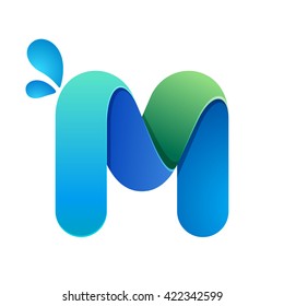 M letter with water waves and drops. Font style, vector design template elements for your ecology application or corporate identity.