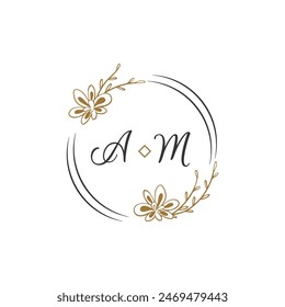 A and M Lettering monogram circle with leaves, for initial brand, company, initial wedding name, etc. Editable color and size vector eps file