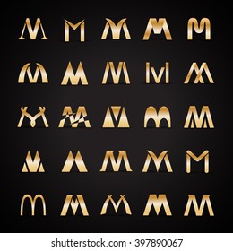 M Letters Icons Set-Isolated On Black Background-Vector Illustration