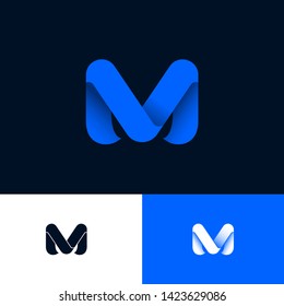 M logo Consist of Blue Ribbons. M origami monogram on Different Backgrounds. Network, Web Icon. Ui Design. 