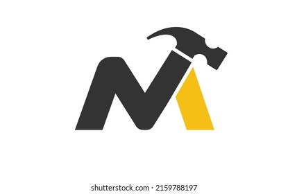 M logo construction vector for woodworking company. initial letter hammer template vector illustration for your brand.