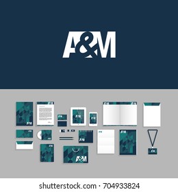 A and M Logo. Corporate identity template set. Business stationery mock-up