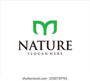 M Logo design featuring green leaves and the word "NATURE" with a placeholder for a slogan.