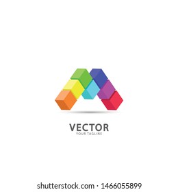 M Logo Design Letter with a cube shape and colorful Creative Letters.