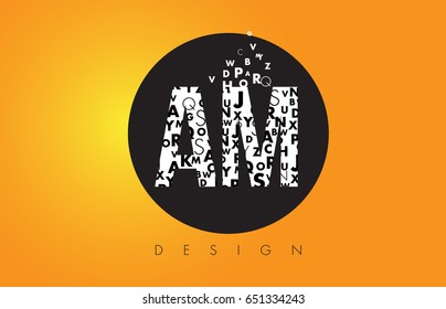 AM A M Logo Design Made of Small Letters with Black Circle and Yellow Background.