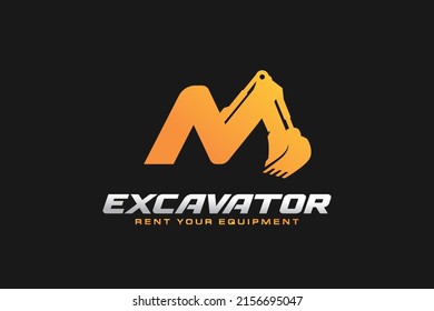 M logo excavator for construction company. Heavy equipment template vector illustration for your brand.