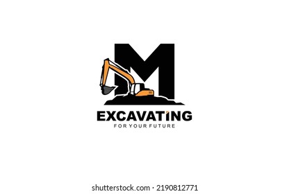 M logo excavator for construction company. Heavy equipment template vector illustration for your brand.