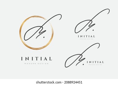 M logo. Initials letter m in gold circle. Initial signature. Design fashion handwriting monogram. Handwritten identity name. Abstract paintbrush font. Brush writing calligraphy. Write script. Vector 