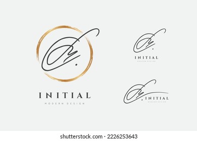 M logo. Initials letter me in gold circle. Initial signature. Design fashion handwriting monogram. Handwritten identity name. Abstract paintbrush write font. Brush writing script. Vector illustration