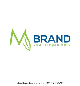 M logo with leaf. M letter. Flat logo design