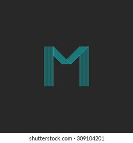 M logo letter, blue thin many lines minimal template, mockup black business card