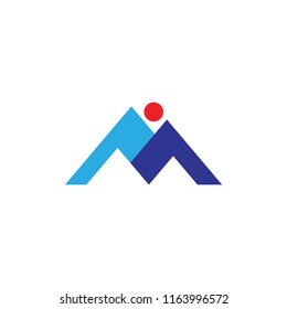 M logo letter , mountain, sun logo design