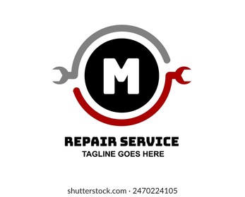 M Logo. Wrench mechanic logo icon vector. Repair Services. Wreck tool icon. Maintenance service sign. Red Black Grey Colors Logo. Repair template illustration concept vector. Plumber. Electronic.
