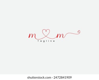 M love m letter logo design. Mm letter logo. Double m letter vector with love. Couple. Love. Handwritten. Font. Signature. Premium.