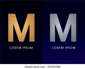 M Luxury font, designed using gold and silver line geometric shape on dark background, idea from wicker,basket ,woven, ribbons, jewelry, diamond ,rope, logo, symbol, icon, graphic, vector.