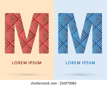 M ,Luxury font, designed using red and blue line square geometric shape, hot and cool tone, logo, symbol, icon, graphic, vector.