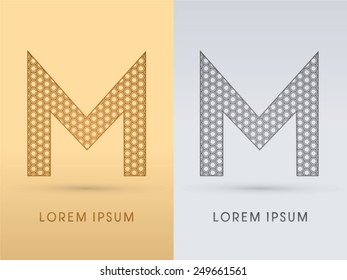 M ,Luxury  outline font ,designed using geometric on gold background, concept shape from screws, hexagon, honeycomb, jewelry, gems , logo, symbol, icon, graphic, vector.