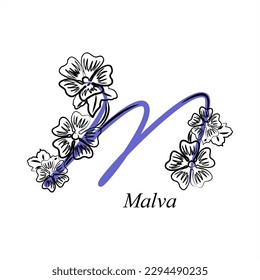 M - Malva (Mallow). ABC with flowers. Series of letters A-Z. Images of plants. Minimalism. Beautiful letters. Line drawing. logo design initial M combine with flowers.