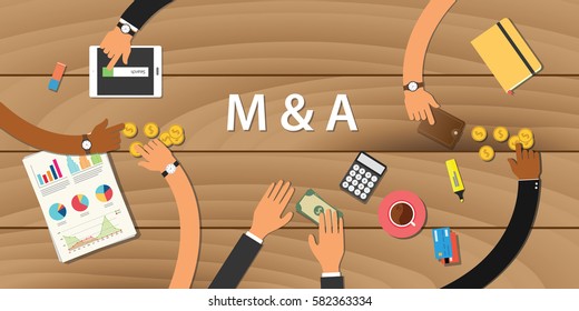 M & A Merger And Acquisition Illustration With Team Working On Wooden Table View From Top With Money Gold Coin Paper Work Graph Chart