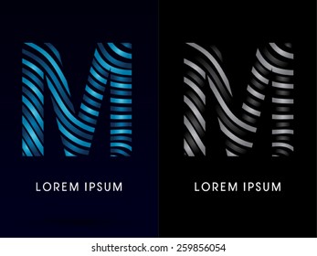 M ,modern wave  font ,designed using blue and black line on dark background, concept move, wave, water, freestyle, zebra line, fantasy ,logo, symbol, icon, graphic, vector.