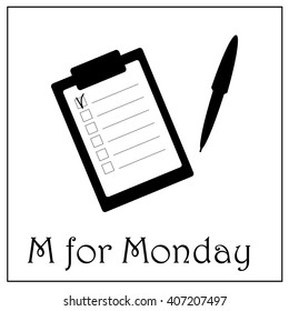 M for Monday business week vector illustration, notepad icon, Monday illustration, first week day illustration, business logo, business icon, note with to-do list and pen vector illustration