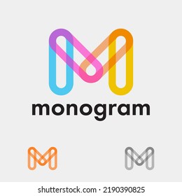 M monograma consiste en elementos transparentes de color. Letra M. Emblem para negocios, internet, diseño web, aplicación, tienda online, etiqueta o empaque.