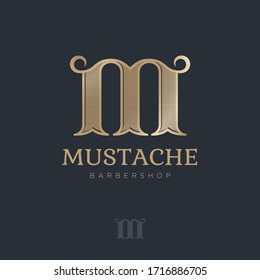 M monogram with curl elements. Barbershop logo. Golden letter M with mustache. Male salon logo. Premium icon or sign.